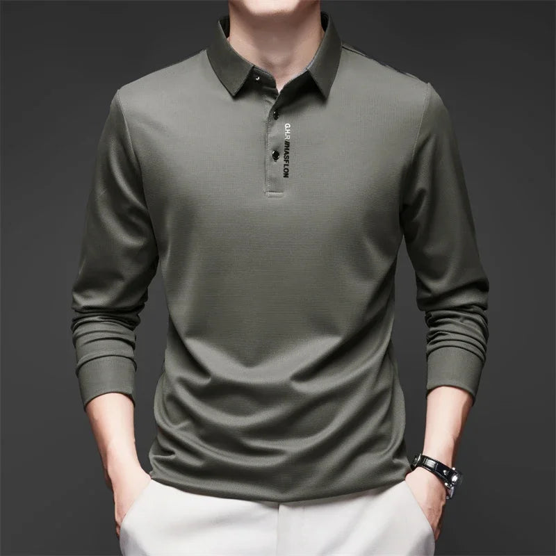 Men's Business Casual Polo Shirt - Long Sleeve Solid Color Top with Badge Detail