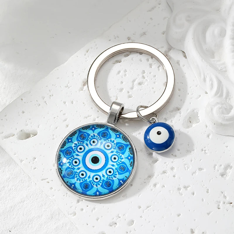 Round Flower Blue Evil Eye Hamsa Keychain – Boho Turkish Lucky Eye Fatima Hand Bag & Car Keyring for Women & Men Protective Charm Gift