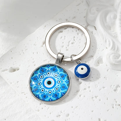 Round Flower Blue Evil Eye Hamsa Keychain – Boho Turkish Lucky Eye Fatima Hand Bag & Car Keyring for Women & Men Protective Charm Gift