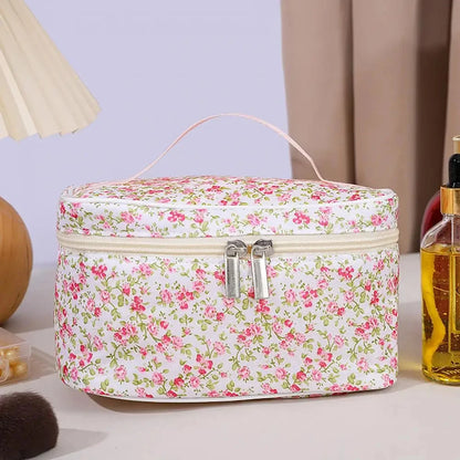 Cotton Floral Cosmetic Pouch – Dual Zipper Makeup Organizer, Portable Travel Storage & Wash Bag