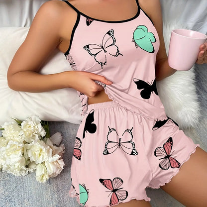 Butterfly Print Pajama Set – Lettuce Trim Cami Top & Elastic Waistband Shorts Women’s Sleepwear Loungewear