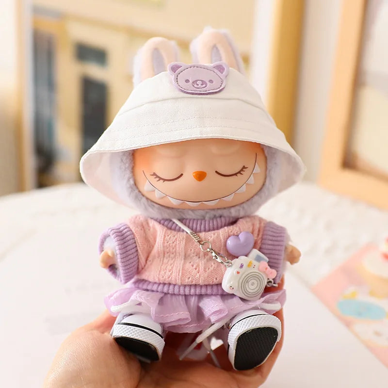 17cm Labubu Doll Clothes Set - Macaron Doll Outfit with JK Pleated Skirt, Camera & Shoes