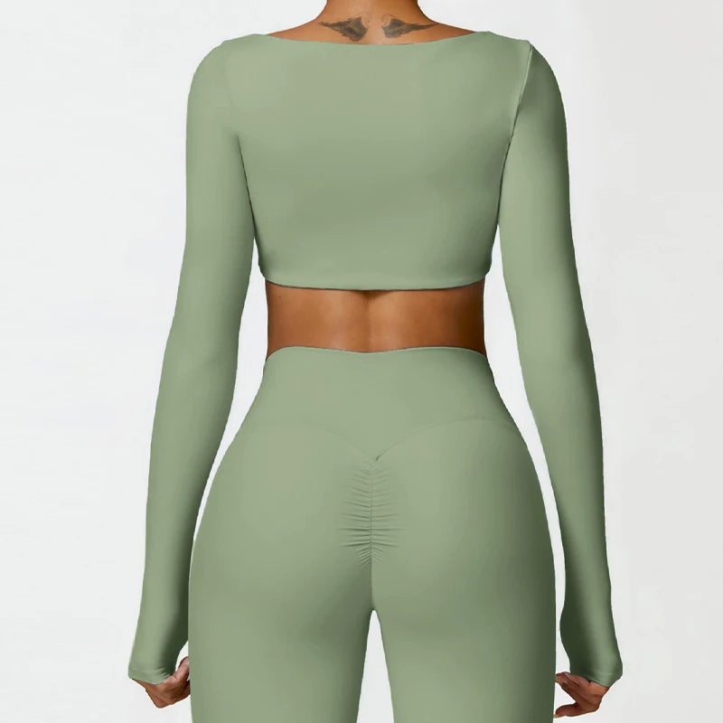 Hearuisavy Women’s Quick-Dry Sports Crop Top - Square Neck Long Sleeve Gym, Yoga, and Fitness Shirt