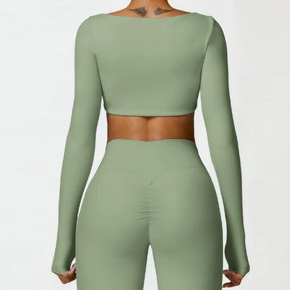 Hearuisavy Women’s Quick-Dry Sports Crop Top - Square Neck Long Sleeve Gym, Yoga, and Fitness Shirt