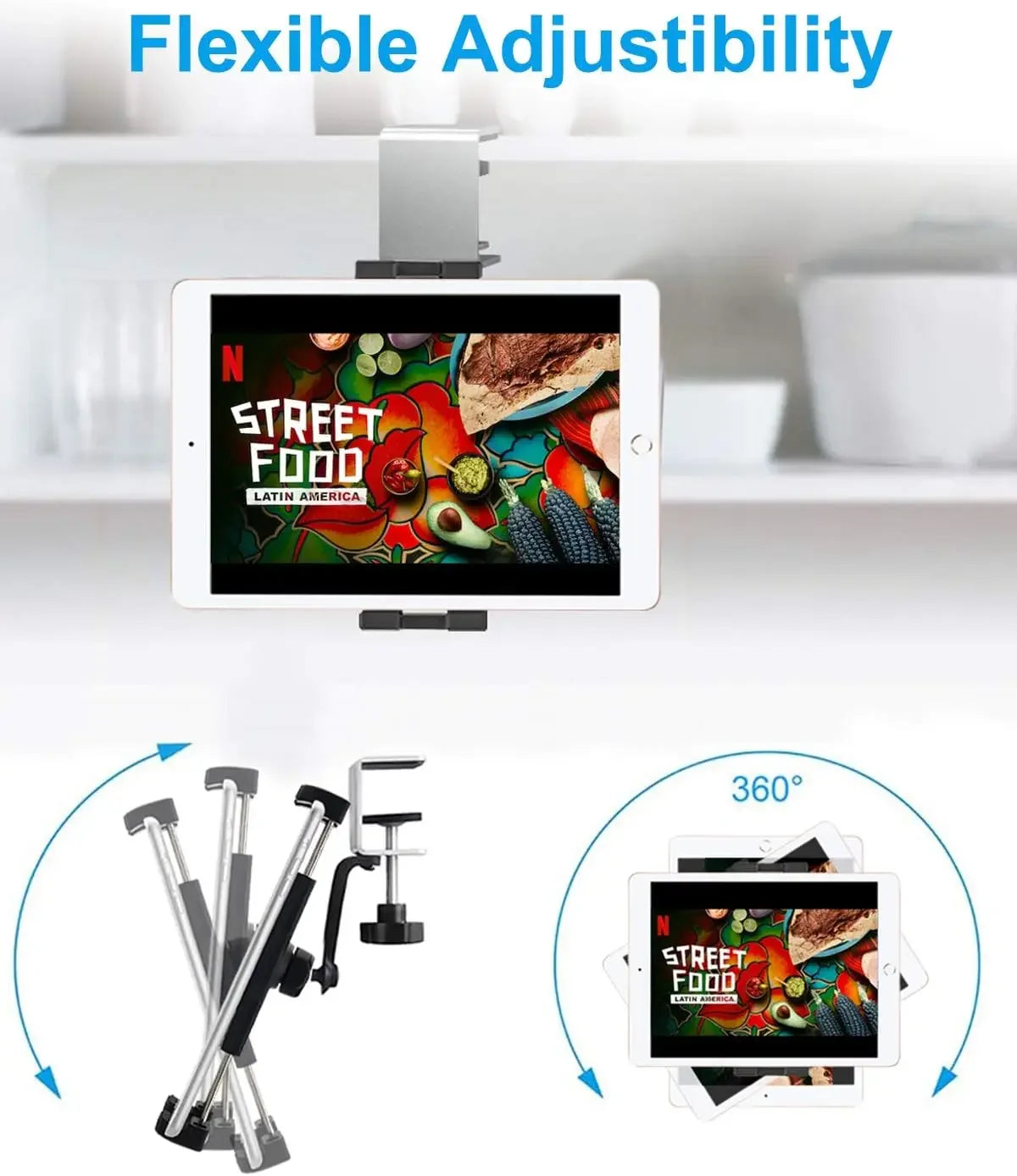 Universal Under Cabinet Phone & Tablet Holder – Metal Clamp Stand for 4.7–13” iPad & iPhone