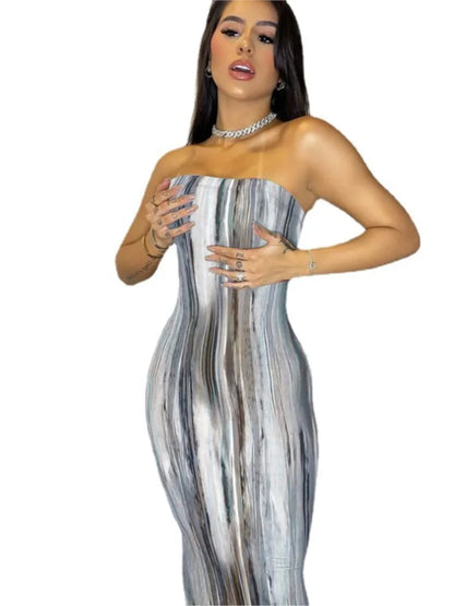 Women’s Off Shoulder Printed Maxi Dress - Slim Fit Bandage Chest Wrap Summer Party Dress
