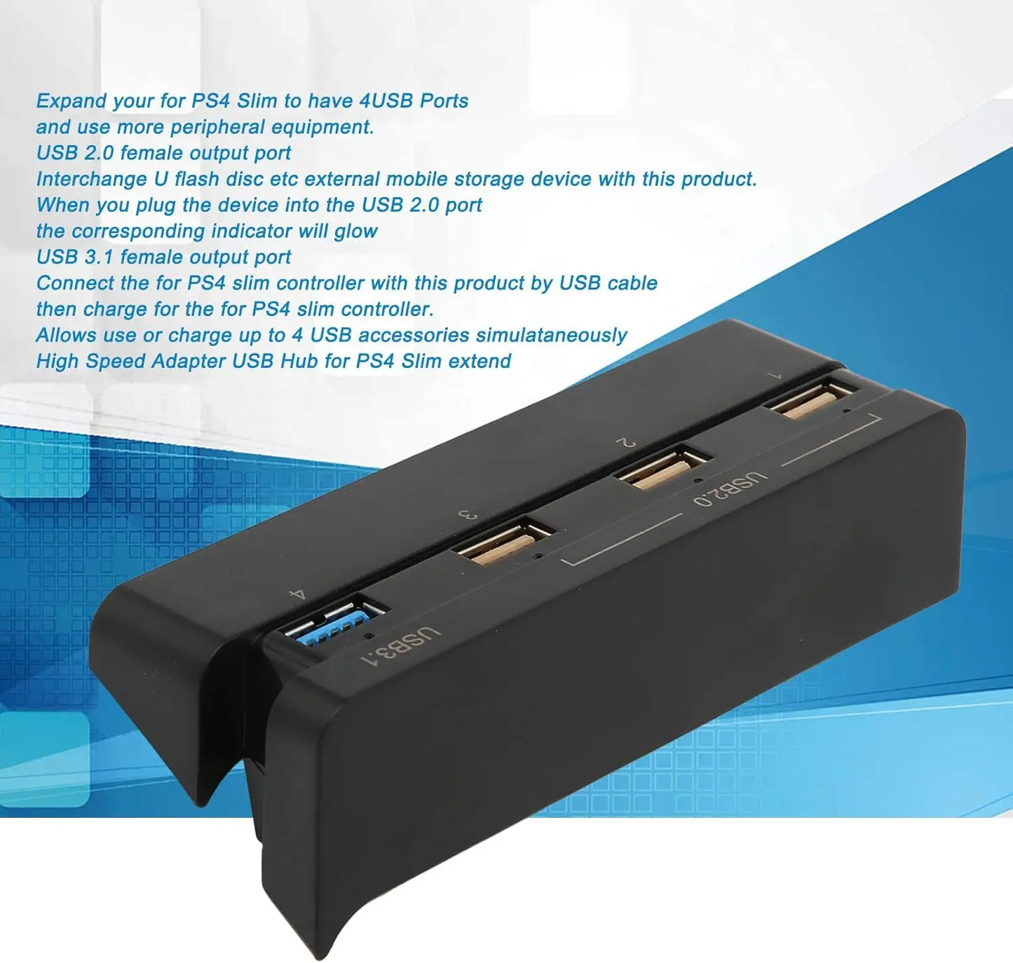 USB Hub Expansion Adapter for PS4 Slim – 3 USB 2.0 + 1 USB 3.0 Ports, High-Speed Plug & Play Charger for Controllers   1/2