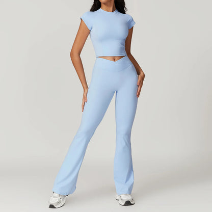 Women’s 2PCS Sportswear Yoga Set – Short Sleeve Crop Top & High Waist Leggings for Gym & Fitness