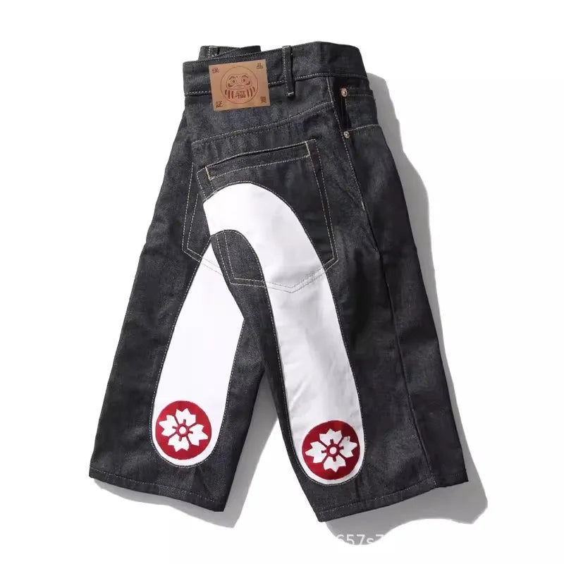 Men's Embroidered Denim Shorts - Black Hip-Hop Washed Cotton Shorts with Dragon & Cherry Blossom Design