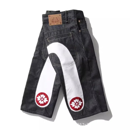 Men's Embroidered Denim Shorts - Black Hip-Hop Washed Cotton Shorts with Dragon & Cherry Blossom Design