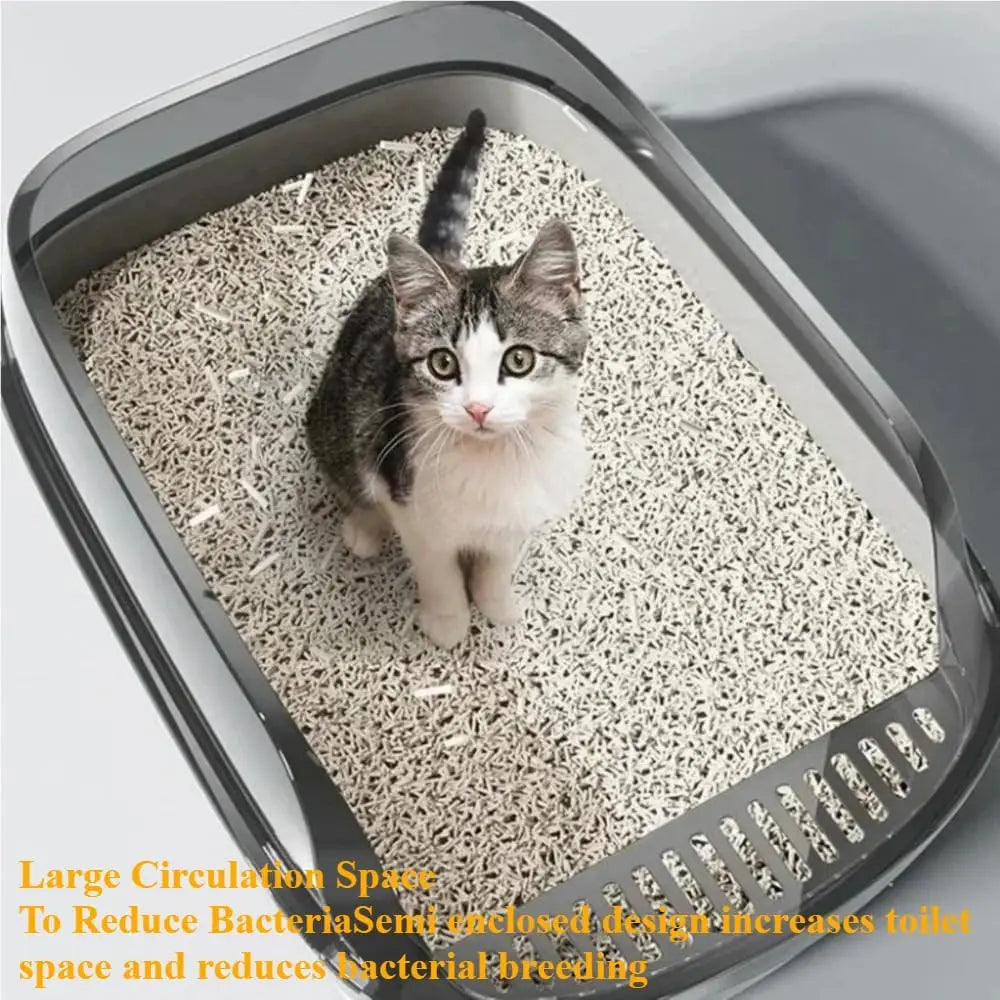 Semi-Enclosed Cat Litter Box - High-Sided Splashproof Kitten Toilet Tray for Indoor Pet Use