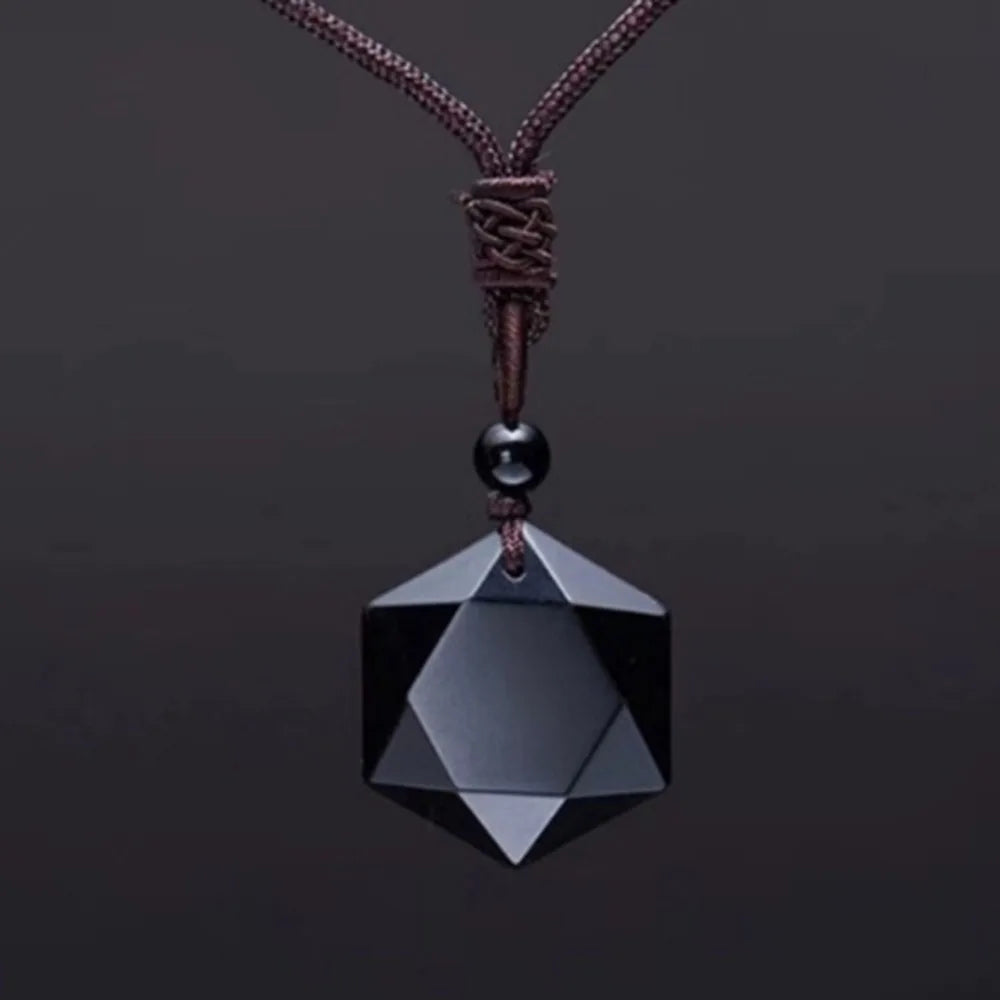 Obsidian Hexagram Pendant Necklace – Black Protection Amulet Jewelry for Men & Women
