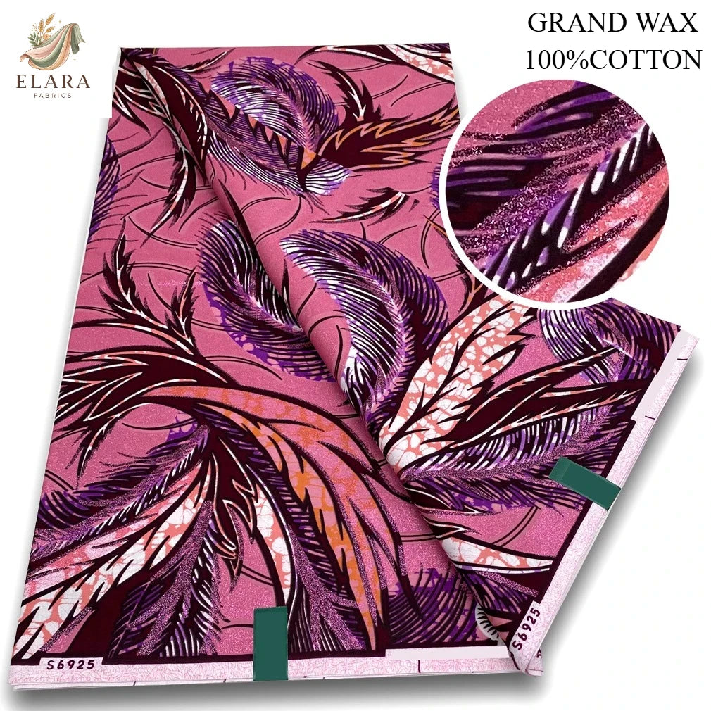 African Glitter Wax Print Fabric - 6 Yards Pink Gold Ankara Cotton Batik Material for Uniforms