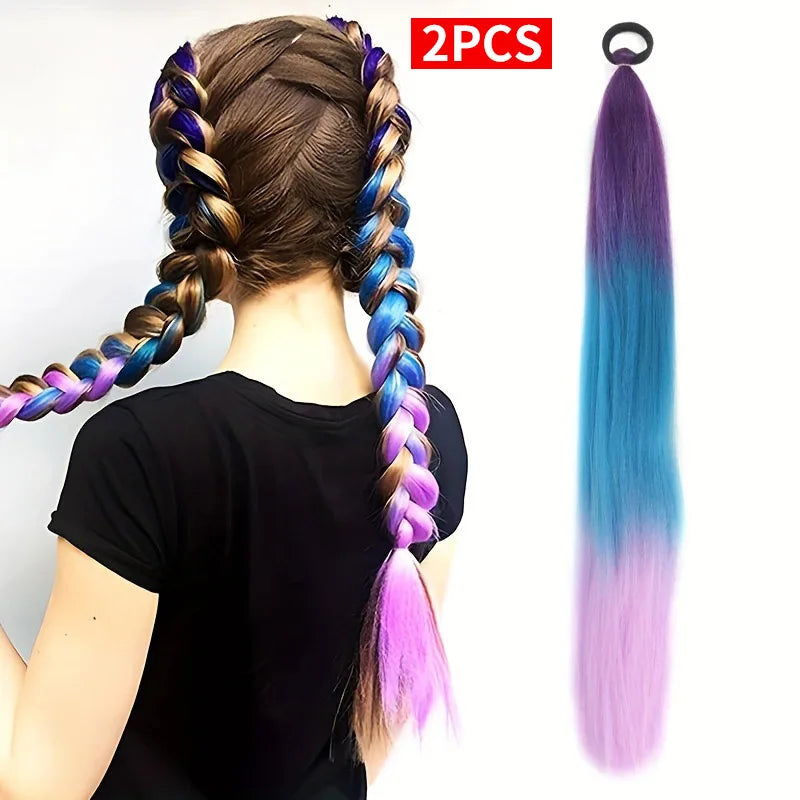 2pcs Purple Synthetic Braiding Hair – Long Straight DIY Braided Ponytail Hairpieces for Women, Party & Stage Hair Accessories