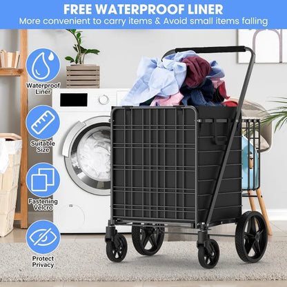 Extra Large Collapsible Grocery Cart on Wheels — Heavy Duty Shopping Cart with Baskets & Waterproof Liner