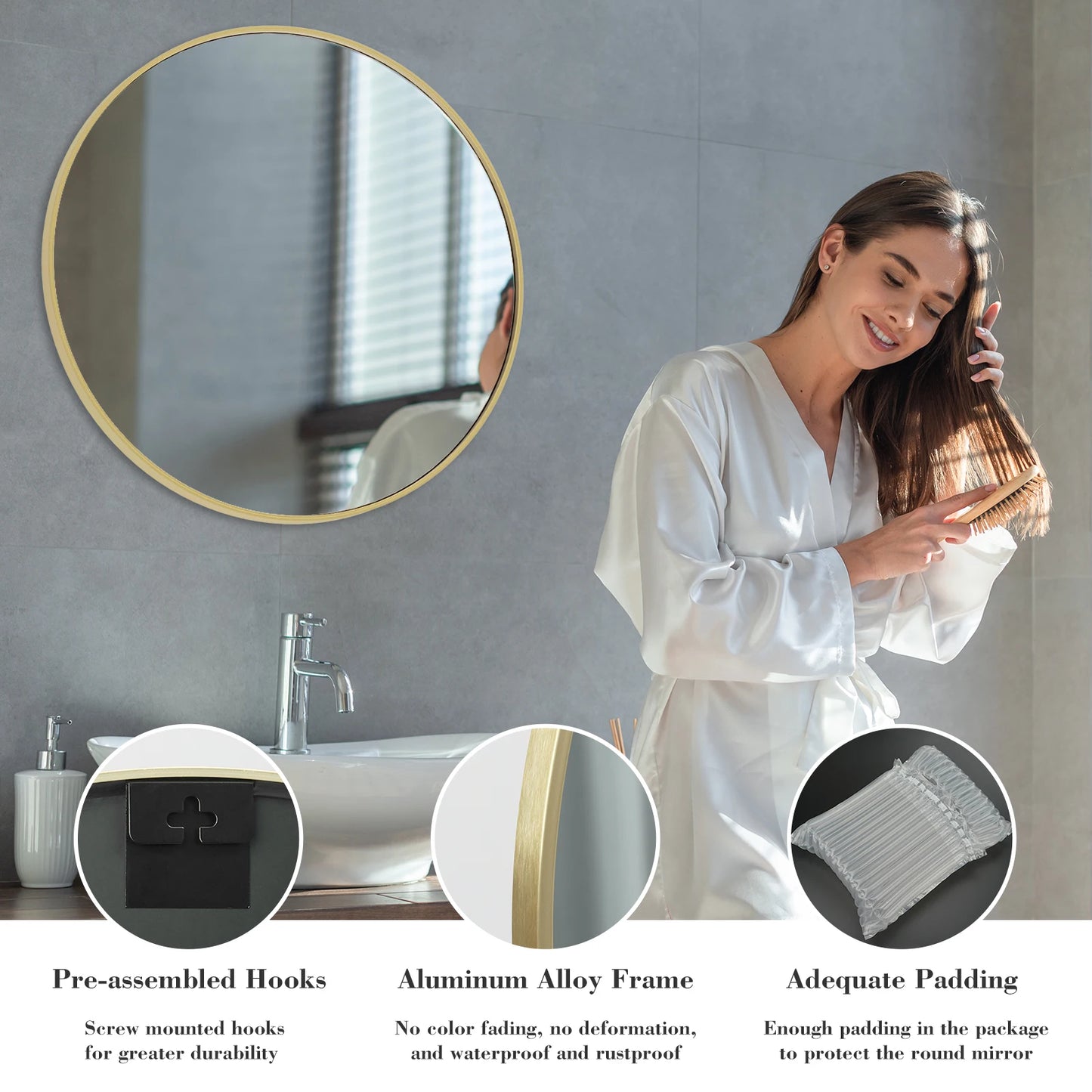 Large 30" Round Wall Mirror – Gold Matte Metal Frame Vanity Mirror with Tempered Glass for Bedroom & Living Room