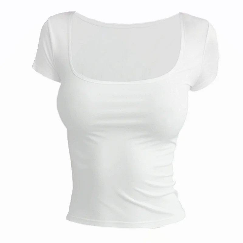 Women’s Short Sleeve Summer T-Shirt – Slim Fit Solid Color Square Neck Elastic Y2K Streetwear Fashion Tee Top QX33