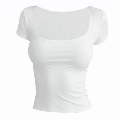 Women’s Short Sleeve Summer T-Shirt – Slim Fit Solid Color Square Neck Elastic Y2K Streetwear Fashion Tee Top QX33