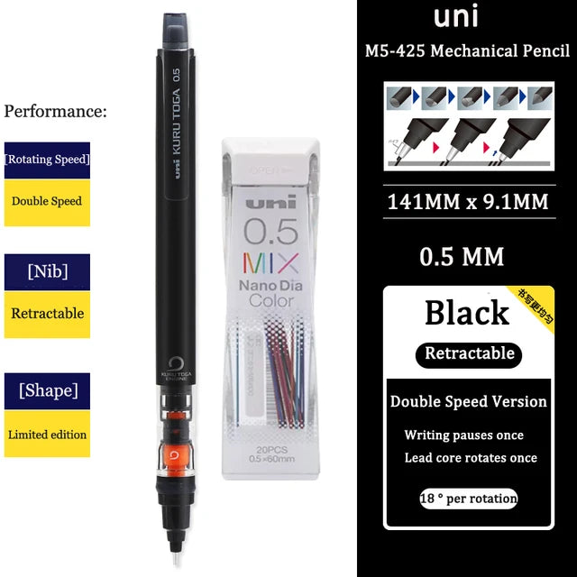 UNI KURU TOGA M5-452 Mechanical Pencil 0.5mm – Rotating Lead Automatic Pencil for Continuous Writing & Sketching