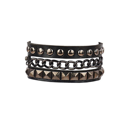 90s Punk Style Bracelet – PU Leather with 3 Rows of Spikes & Square Studs, Fashion Bangle for 2024