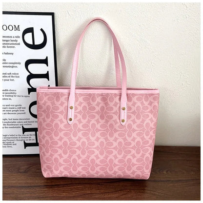 Classic Monogram Tote Bag - Large Capacity Canvas Shoulder Handbag with PU Trim for Women, Work & Shopping