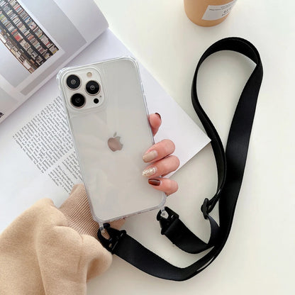 Crossbody Shoulder Strap Phone Case - Transparent Shockproof Cover for iPhone 17 Air, 16, 15, 14, 13 Pro Max & More