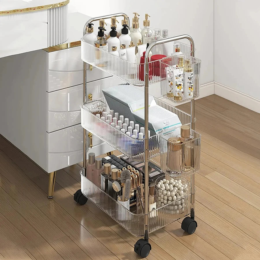 Transparent Acrylic Rolling Storage Cart - 2/3/4-Tier Trolley with Removable Hanging Baskets