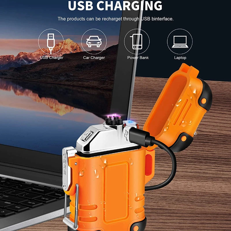 Waterproof USB Rechargeable Double Arc Plasma Lighter – Windproof Flameless Lighter for Outdoor Camping & Smoking Accessories