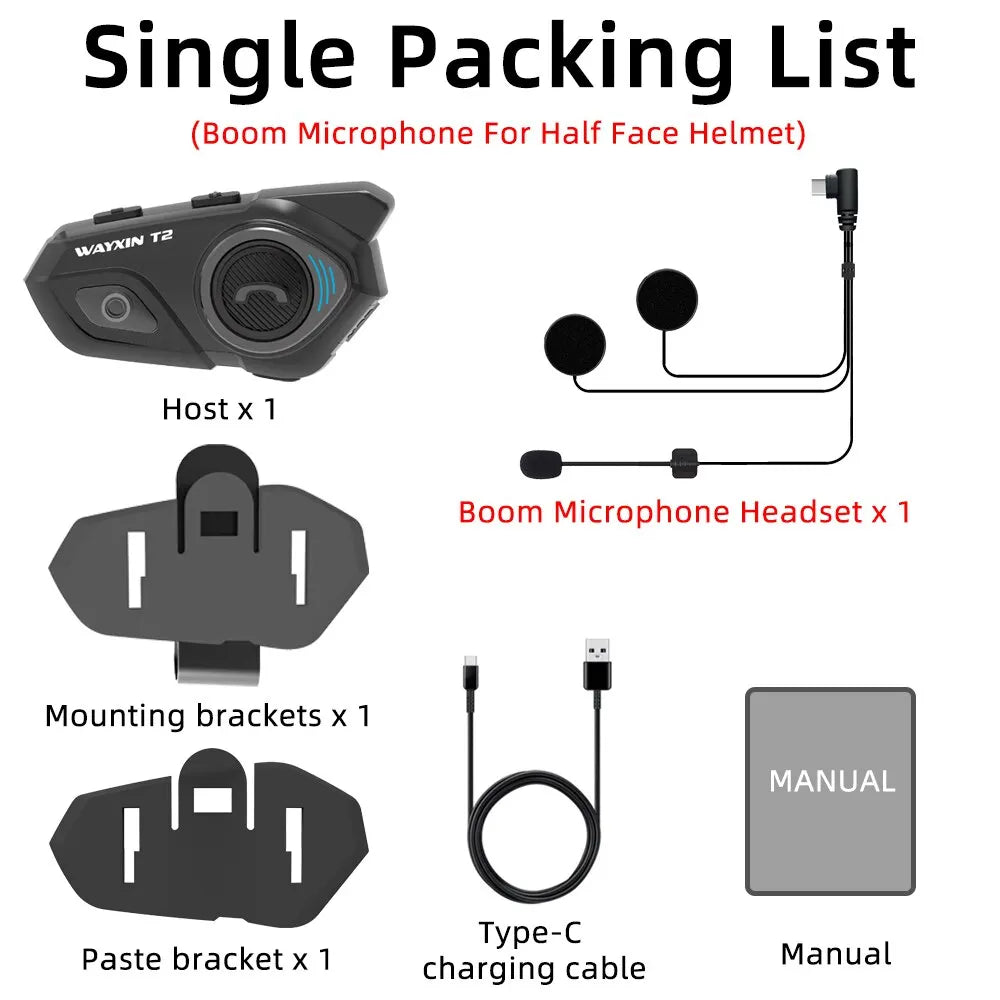 WAYXIN T2 Motorcycle Helmet Bluetooth Headset – Waterproof 300M Intercom for 2 Riders, BT 5.1 Moto Interphone