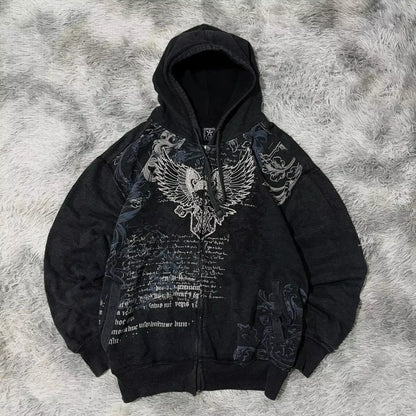 Y2K Harajuku Skull Embroidered Padded Coat - Vintage Hip Hop Faux Fur Collar Casual Couple Jacket