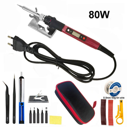80W Digital Electric Soldering Iron Kit – Adjustable Temperature LCD Display Welding Tool Set (110V/220V) with Replaceable Tips