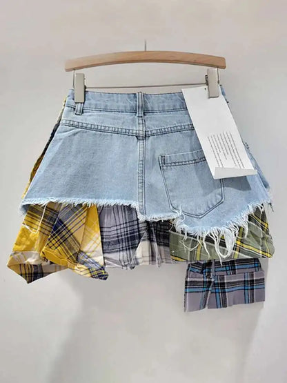 DEAT Women’s Denim Mini Skirt — Colored Plaid Patchwork Irregular A-Line, High Waist Summer 2025 Fashion Skirt