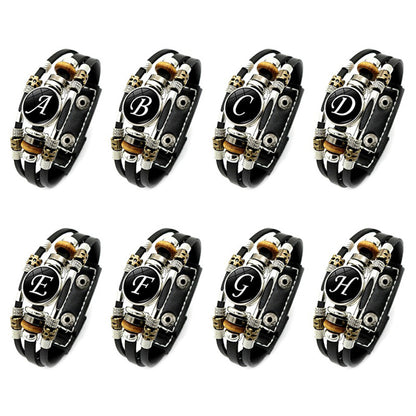 A-Z English Letters Leather Bracelet - 26 Initial Cabochon Glass Snap Wristband for Men & Women, Couple Gift
