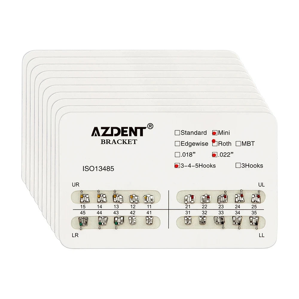 AZDENT 10 Packs Dental Brackets – Orthodontic Metal Mini Standard Roth MBT Slot 0.022/0.018 with Hooks, 20 Pcs per Pack
