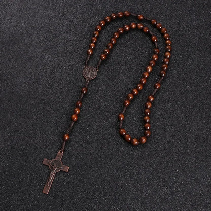 8mm Wooden Beads Rosary Necklace – Jesus Christ Cross Pendant, Woven Rope Chain Religious Prayer Jewelry for Men & Women
