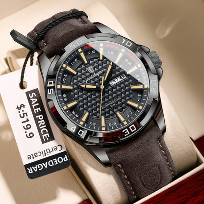 POEDAGAR Men’s Luxury Wristwatch – Waterproof Quartz Sport Watch with Luminous Hands, Date & Week Display, Leather Strap