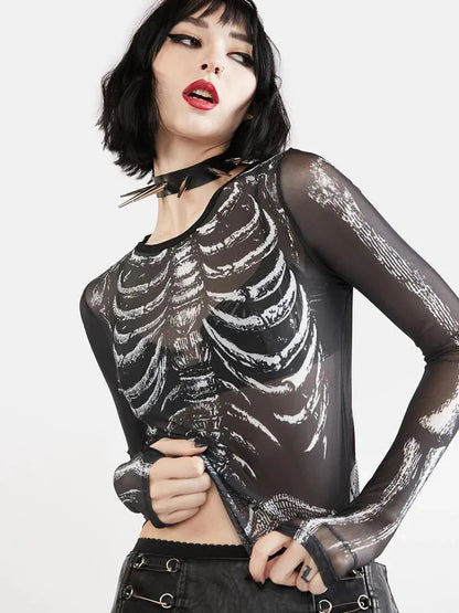 Gothic Punk Shirt for Women – 2000s Skeleton Pattern Round Neck Long Sleeve Crop Top, Black Dark Academia Y2K Streetwear Tee