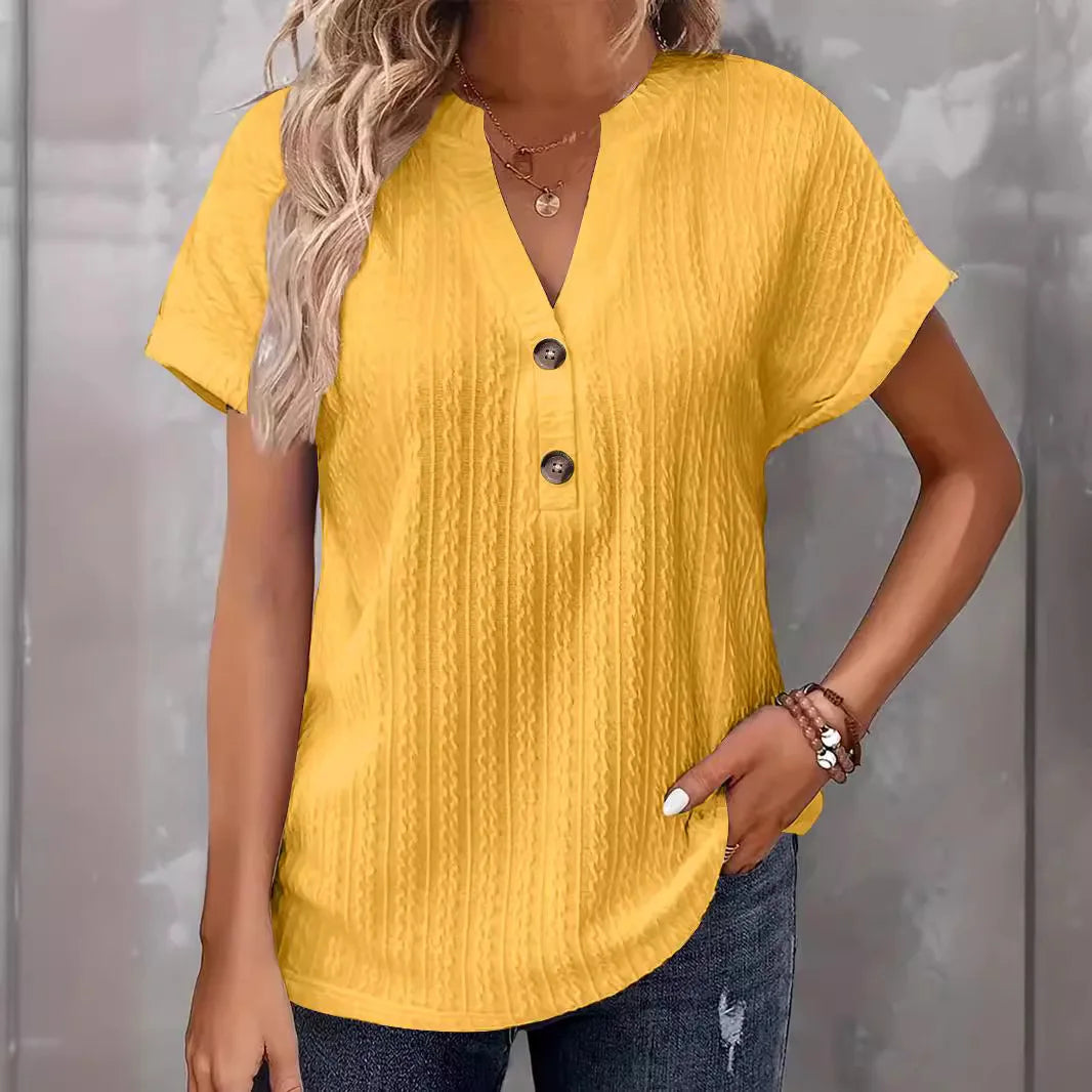Women’s Casual Short Sleeve V-Neck Button Blouse – Loose Fit Summer Pullover Fashion Shirt