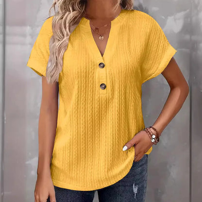 Women’s Casual Short Sleeve V-Neck Button Blouse – Loose Fit Summer Pullover Fashion Shirt