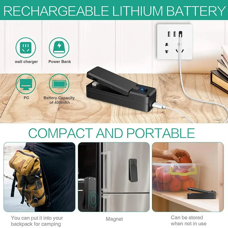 Mini USB Rechargeable Heat Sealer – Portable Food & Snack Bag Sealing Machine with Storage Clip for Kitchen Use