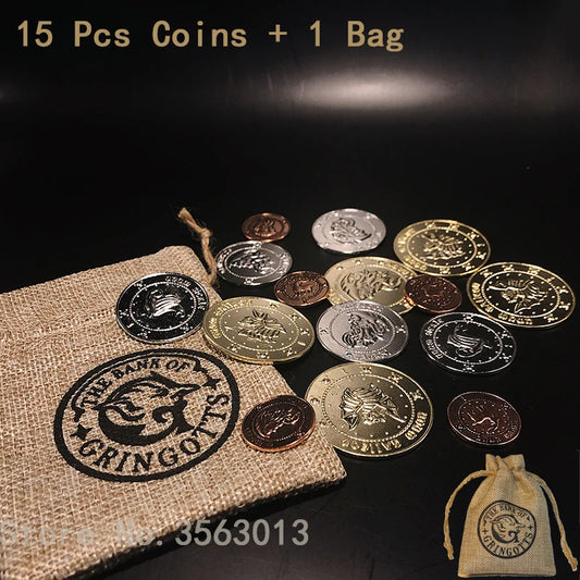 16 Pcs/set HP Bank Coins – 15 Coins & 1 Bag, Cosplay Wizard School Prop