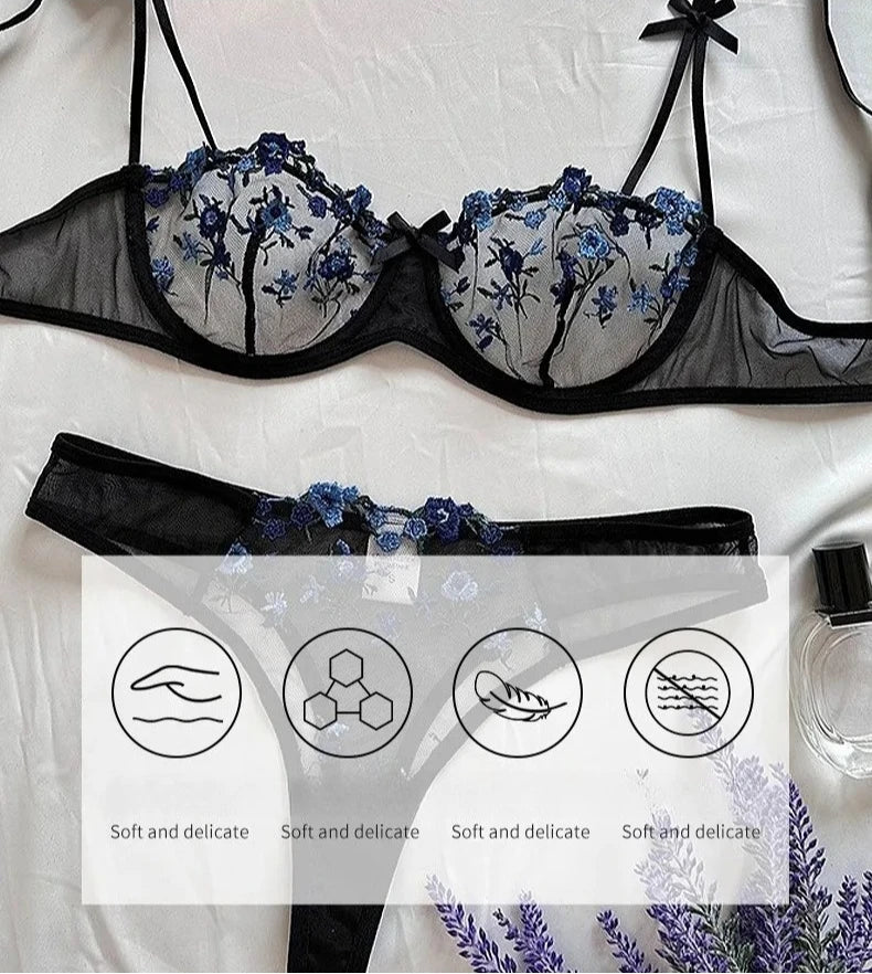 Sexy Lace Floral Lingerie Set for Women — Transparent Bra & Underwear Party Set, Sizes S-XL