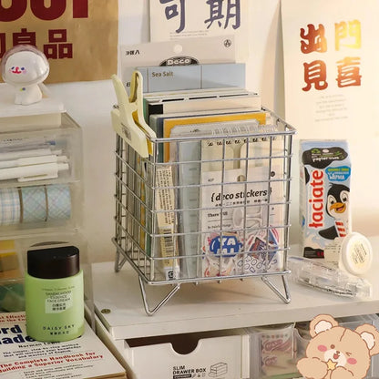 Creative Iron Storage Rack | Large-Capacity Desktop Book and Pen Storage Box | Sundries Organizer for Student Dormitory