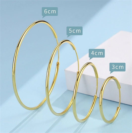 Gold-Plated Large Round Hoop Earrings — Smooth Stainless Steel Circles for Women, Multiple Sizes 12–60mm, Jewelry Gift