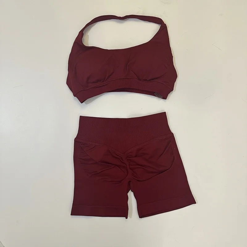 2PCS Seamless Yoga Workout Set – Scrunch Shorts & Halter Sports Bra Gym Fitness Outfit