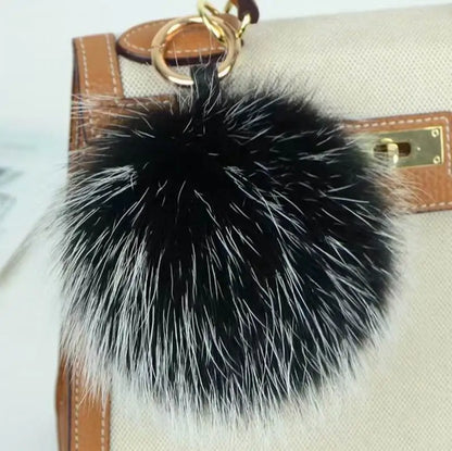 Luxury 15cm Fluffy Real Raccoon Fur Pom Pom Keychain – High-Quality Metal Ring Pendant for Women