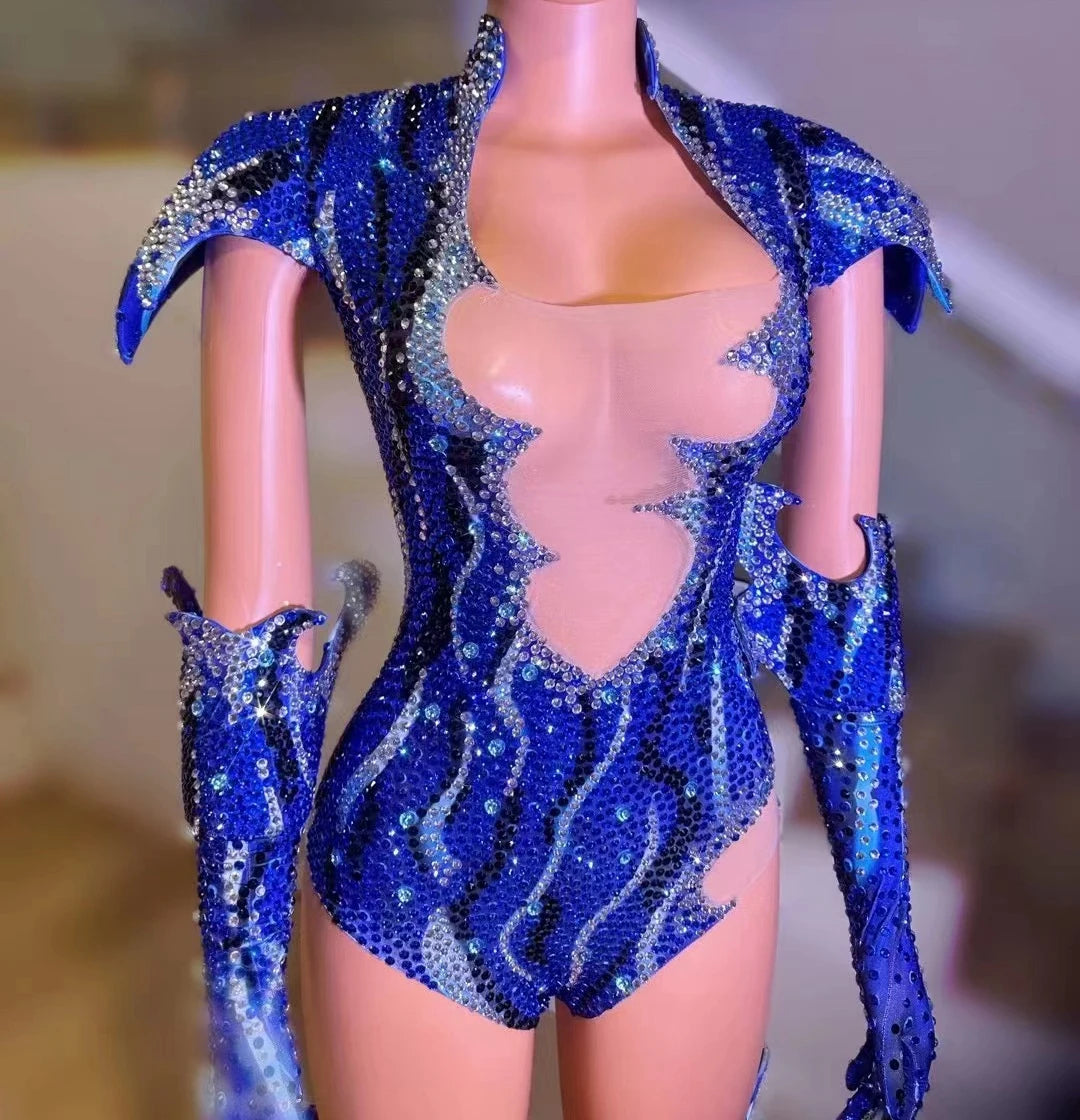 Sparkly Rhinestone Dance Performance Set - Bodysuit, Gloves & Hat Stage Costume