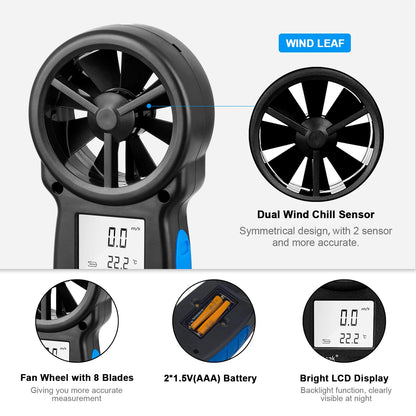 HOLDPEAK HP-866B Anemometer - Handheld Wind Speed & Temperature Meter with Wind Chill, Max/Min & LCD Backlight