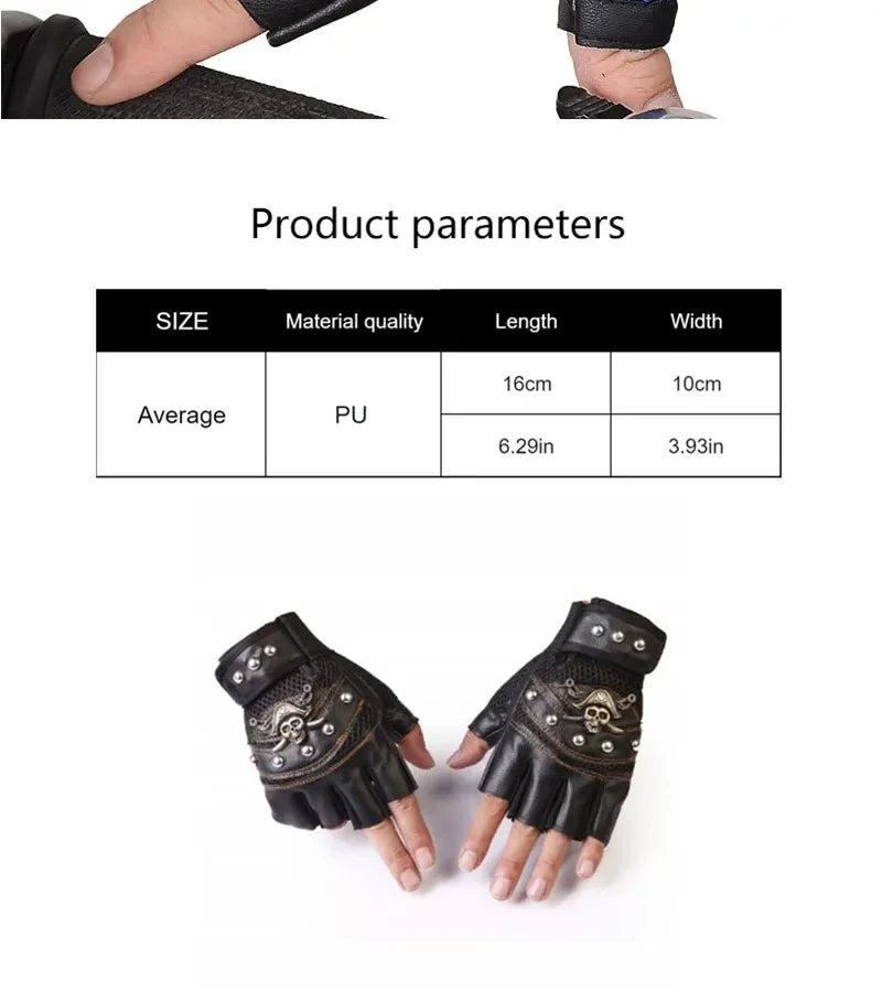 Pirate Skull PU Leather Fingerless Gloves for Men & Women – Hip Hop, Gym, Moto Half-Finger Mitts with Rivets