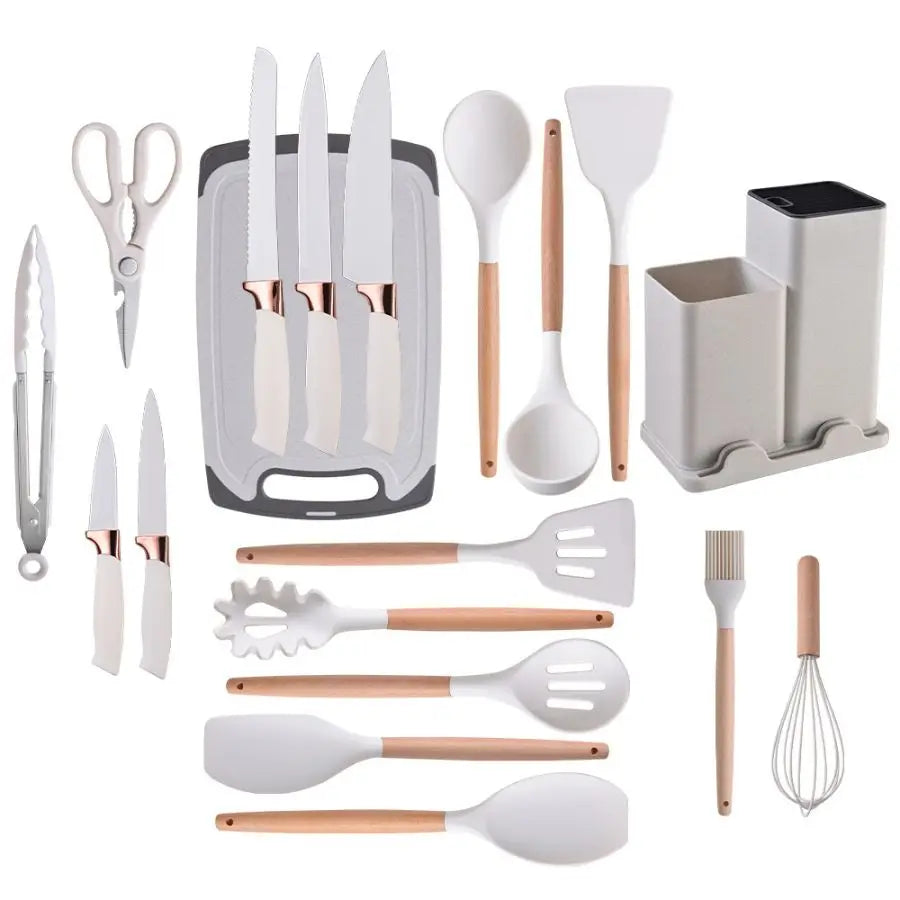 19-Piece Food Grade Silicone Kitchenware Set – Cooking Spoon, Shovel, Cutting Board, Fruit Knife & Chef Knife